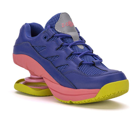 Blue and pink sneaker with yellow sole on a white background